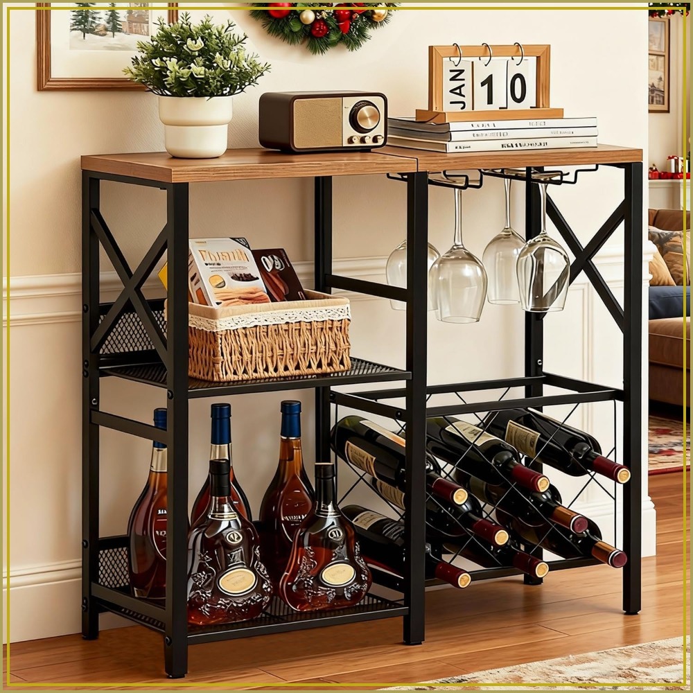 Home Bar And Cabinet - Rustic Freestanding Wine Rack with Glass